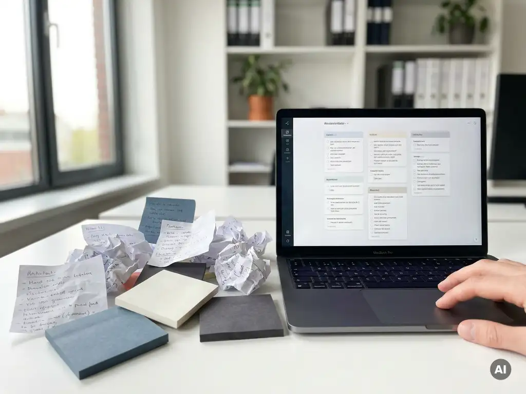 Handgeschreven offertes en sticky notes worden georganiseerd in een digitaal formulier op een laptop, verlicht door natuurlijk raamlicht.