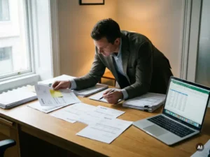 Zakelijke professional vergelijkt meerdere offertes op een modern bureau met laptop, verlicht door zacht natuurlijk zijlicht.