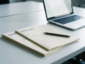 Twee afgedrukte offertes op een modern bureau met een mechanisch potlood, laptop op de achtergrond, zacht kantoorlicht.