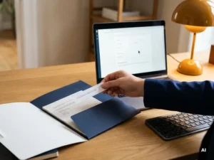 Hand die een regelitem uit een papieren offertemapje overneemt naar een digitaal formulier op laptop, kantooromgeving met natuurlijk licht.