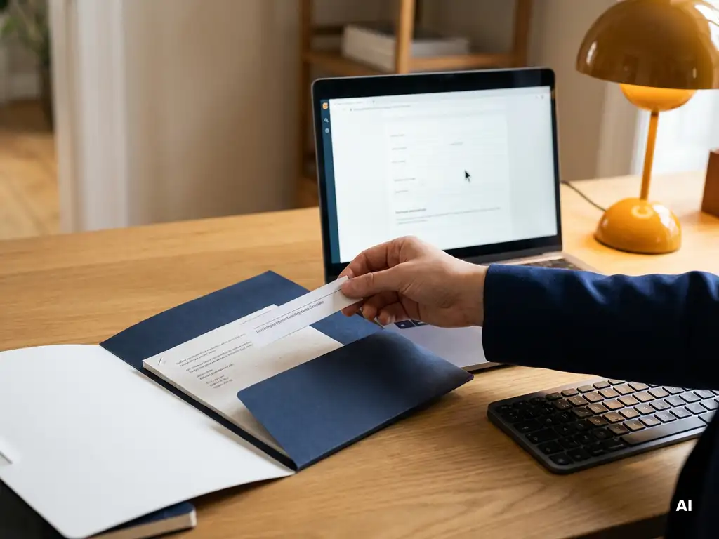 Hand die een regelitem uit een papieren offertemapje overneemt naar een digitaal formulier op laptop, kantooromgeving met natuurlijk licht.
