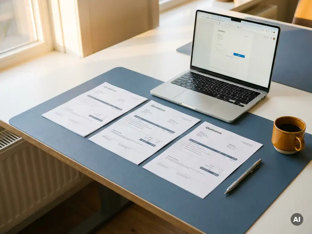 Nette kantaarntafel met drie uitgeprinte offertes naast een open laptop, koffiekopje en potlood in zacht natuurlijk licht.