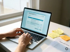 Handen boven laptoptoetsenbord met digitaal ofertedocument op scherm, sticky notes en prijslijst op wit bureau.