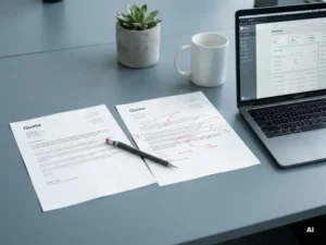 Twee offertes op een modern bureau, één met rode handgeschreven correcties, naast een open laptop en een mechanisch potlood.