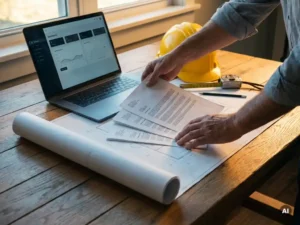 Projectmanager spreidt offertes uit over een bouwplan op een eikenhouten bureau, met laptop, helm en meetlint ernaast.