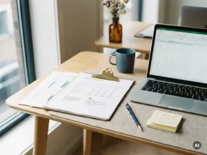 Georganiseerd bureau met meerdere offertes naast elkaar, een laptop met spreadsheet en plaknotities in een modern Nederlands kantoor.