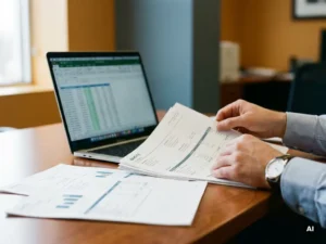 Inkoopmanager vergelijkt meerdere offertes op bureau naast open laptop met gestructureerde datatabellen.