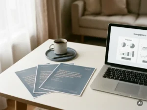 Drie uitgeprinte offertes naast een open laptop op een modern bureau, met koffiekop en pen in zacht natuurlijk licht.