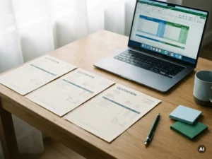 Bureau met drie offertes naast een laptop met vergelijkingstabel, omgeven door een potlood en sticky notes in blauw-groene kantoortinten.
