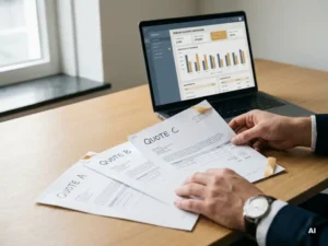 Projectmanager spreidt drie offertes van onderaannemers uit op een modern bureau met laptop op de achtergrond.