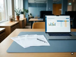 Bureau met drie uitgewaaierde offertes, laptop met vergelijkingsdashboard en mechanisch potlood in modern Nederlands kantoor.