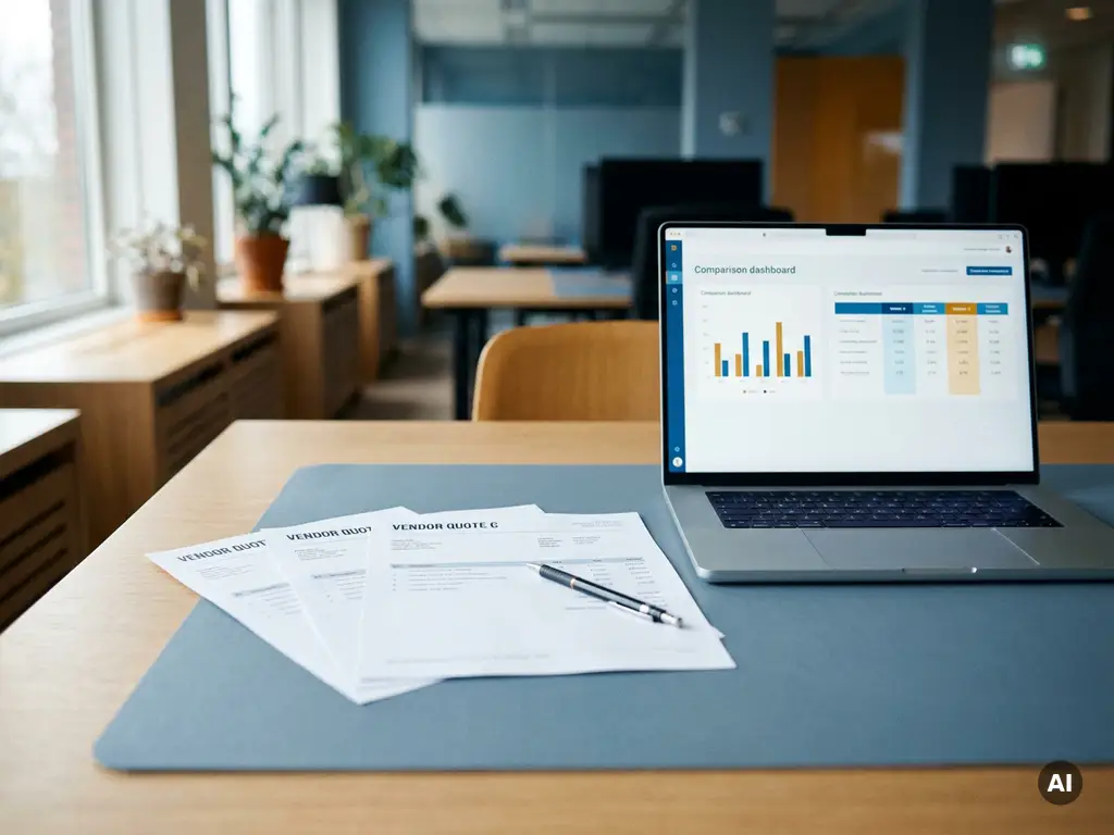 Bureau met drie uitgewaaierde offertes, laptop met vergelijkingsdashboard en mechanisch potlood in modern Nederlands kantoor.