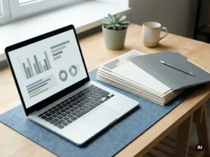 Nette bureau met gestapelde offertes naast laptop met vergelijkingsdashboard en mechanisch potlood op gesloten map, zachte natuurlijke belichting.
