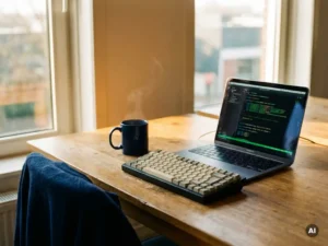 Mechanisch toetsenbord en dampende koffie naast laptop met code op houten bureau in Nederlands softwarekantoor, warm ochtendlicht.