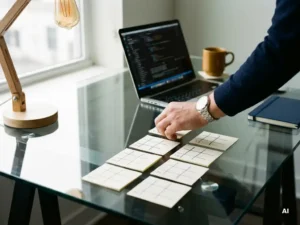 Ontwikkelaar ordent sticky notes met schetsmatige rasters op glazen bureau, laptop op achtergrond, natuurlijk daglicht.