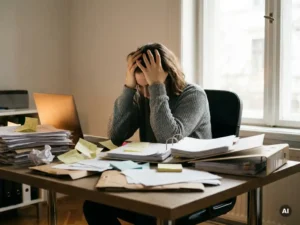 Overweldigde kantoormedewerker omringd door hoge stapels offertes op een rommelig bureau, met sticky notes en een open laptop.