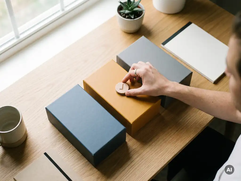 Hand die een vinkje plaatst op één van drie productdozen in een strak flat-lay overzicht op een modern bureau.