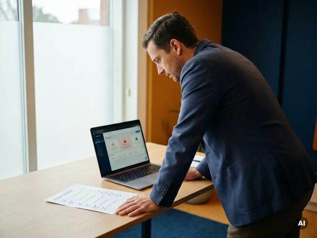 Projectmanager buigt over modern bureau en bekijkt geprinte checklist met onafgevinkte items naast laptop met dashboard.