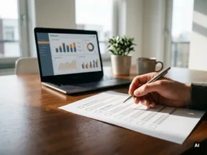 Projectmanager houdt hand boven onvolledige checklist op bureau, met projectdashboard op laptop op de achtergrond.