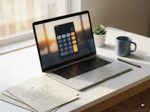 Calculator-app op laptopscherm omringd door uitgeprinte offertes en stylus op modern wit bureau, warm gouden daglicht.