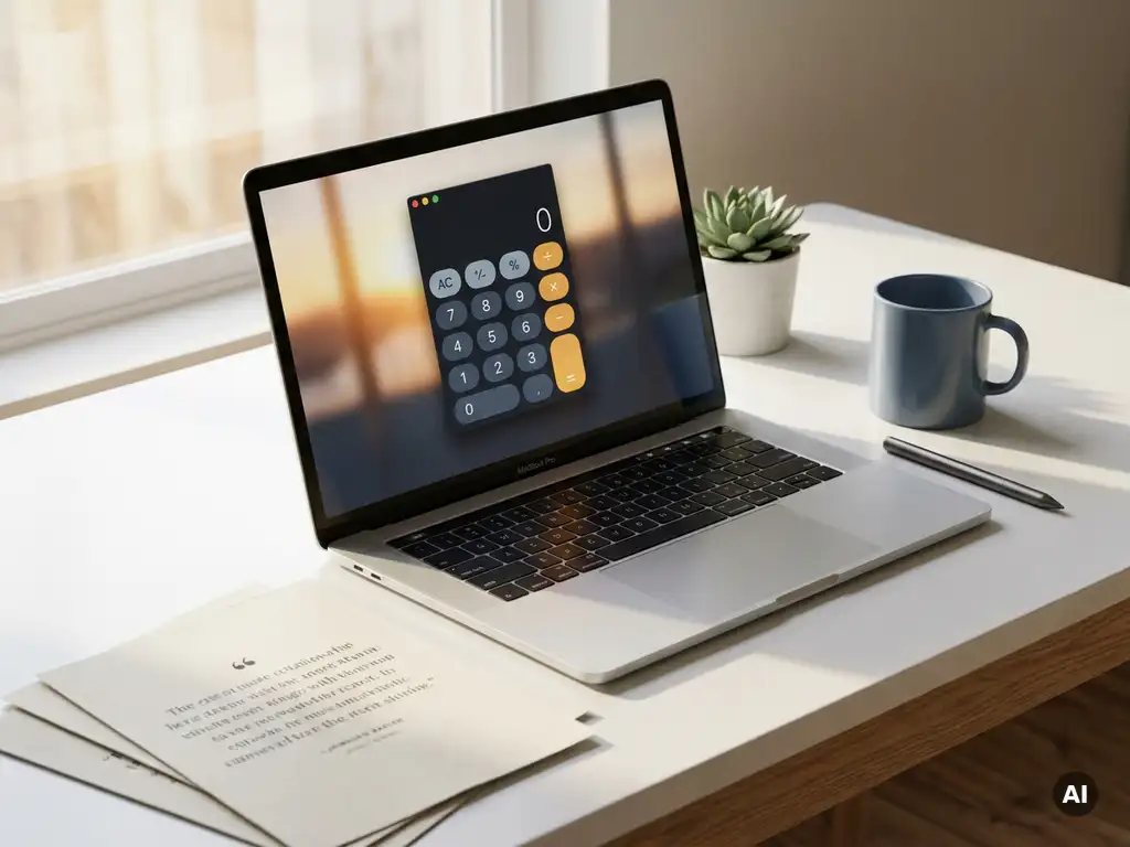 Calculator-app op laptopscherm omringd door uitgeprinte offertes en stylus op modern wit bureau, warm gouden daglicht.