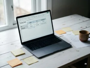 Laptop met spreadsheet van softwareprijzen op wit bureau, omringd door sticky notes en checklist, koffiekopje ernaast.