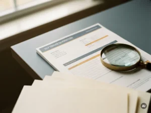 Gedrukte softwareofferte op modern bureau met vergrootglas dat ontbrekende regelitems onthult, omringd door blanco pagina's in leisteen en amber tinten.