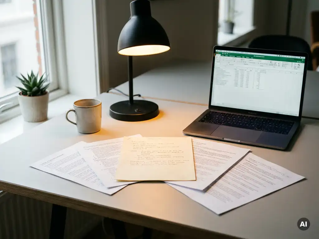 Uitgespreide leveranciersoffertes op modern bureau, één document belicht door bureaulamp, laptop ernaast, zachte natuurlijke belichting.