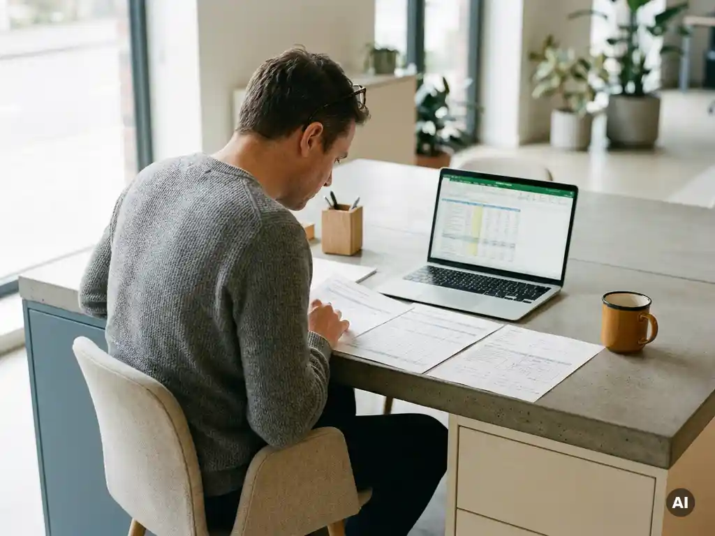 Projectmanager vergelijkt uitgeprinte offertes van onderaannemers naast elkaar op een modern bureau met laptop en koffiekopje.